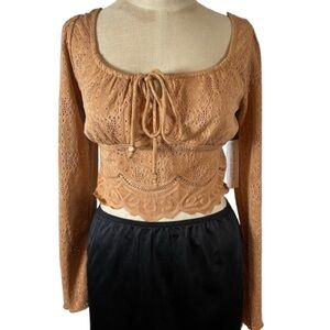Kirious Brown lace eyelet long sleeve crop top cowgirl boho hippie medium